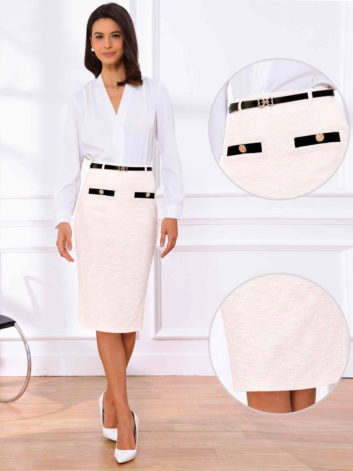 Allegra K Pencil Skirt for Women Knee Length High Waisted Tweed Skirt Button Decor Bodycon Office Work Skirts with Belt - Image 4