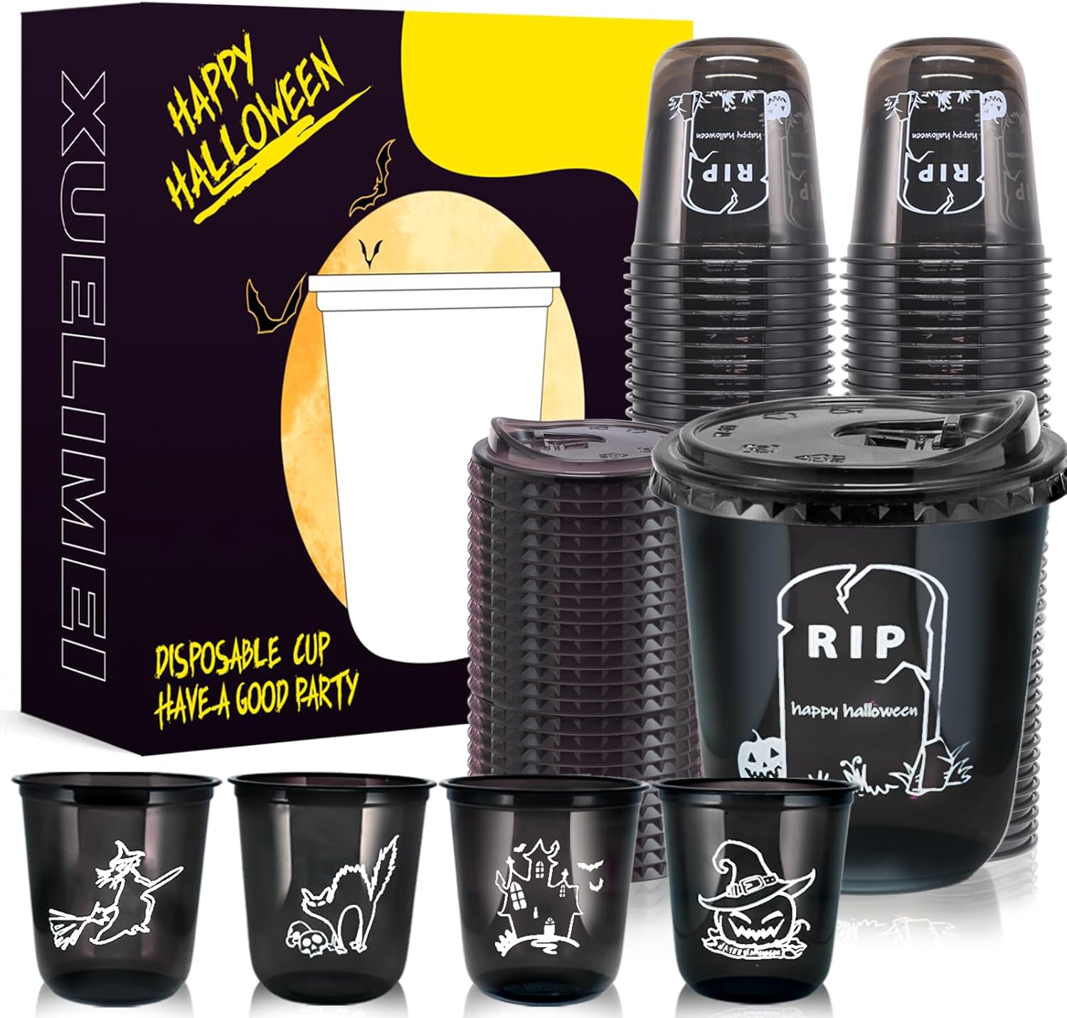 12oz Halloween Disposable Plastic Cups With Strawless Sip Lids-Happy Halloween Disposable Clear Cups with 5 Styles for Party Supplies,Coffee, Beer, Drinks, Ice Cream, Snacks (50)