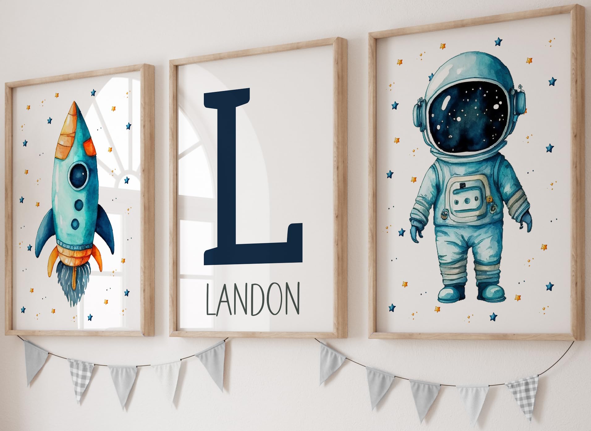 Eviepops Prints Personalised Space Wall Art, Custom Name Astronaut Poster, Set of 3 Unframed Prints with Spaceman, Rocket and Stars, Space Theme Room Decor (A4) — image 1