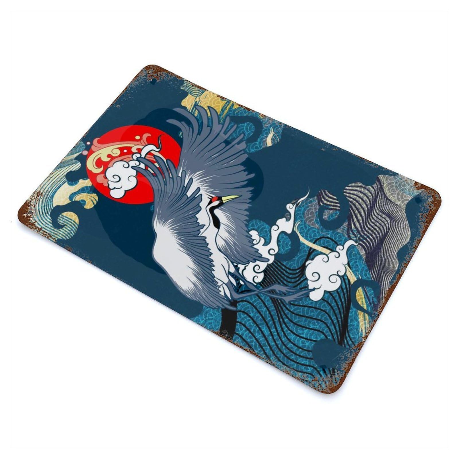 Decorative Tin Sign Japanese Crane Art 11.8"x7.9", Decorative Metal Wall Art for Garage, Bar And Workshop Decor