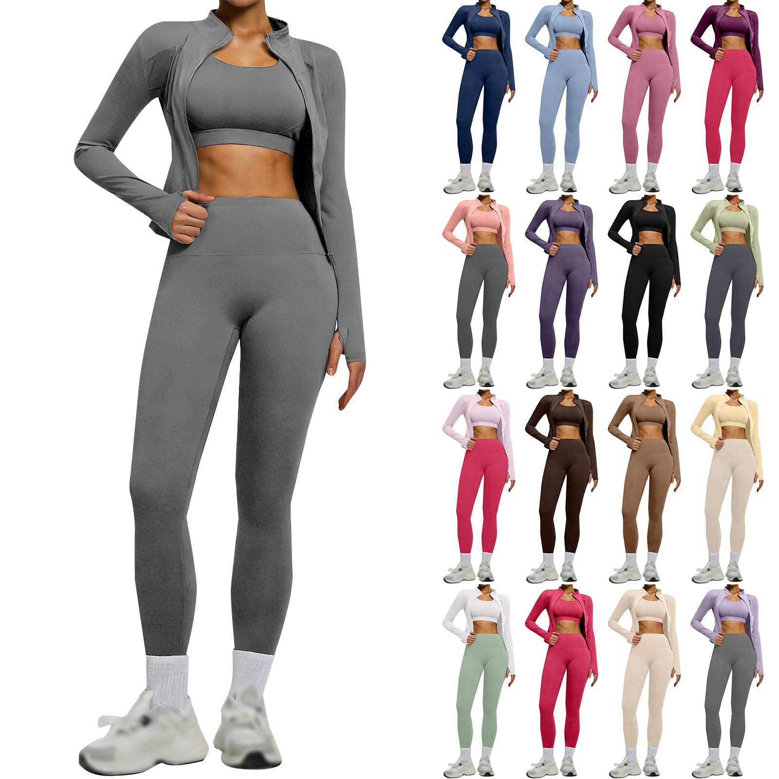 Gym Sets For Women 2 Piece, Gym Zipper Jacket Women And Seamless Sports Leggings For Women, Color Block Pilates Yoga Jogging For Activewear Workout Set Exercise Tops And Leggings Tracksuit Set