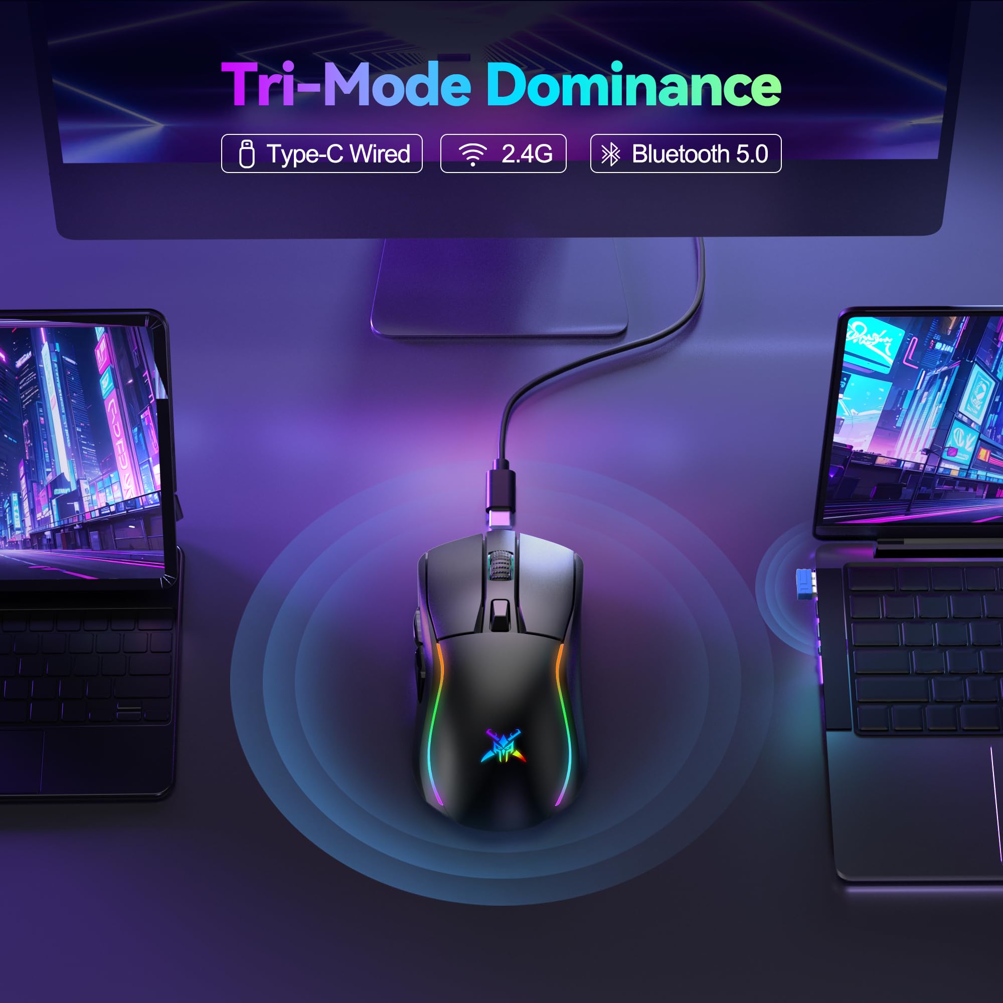 TECKNET Mouse da gioco senza fili, 24000 DPI con tre modalità di connessione e 6 luci RGB, ricaricabile, mouse ergonomico Bluetooth, velocità di interrogazione 1000 Hz e 6 tasti programmabili per PC