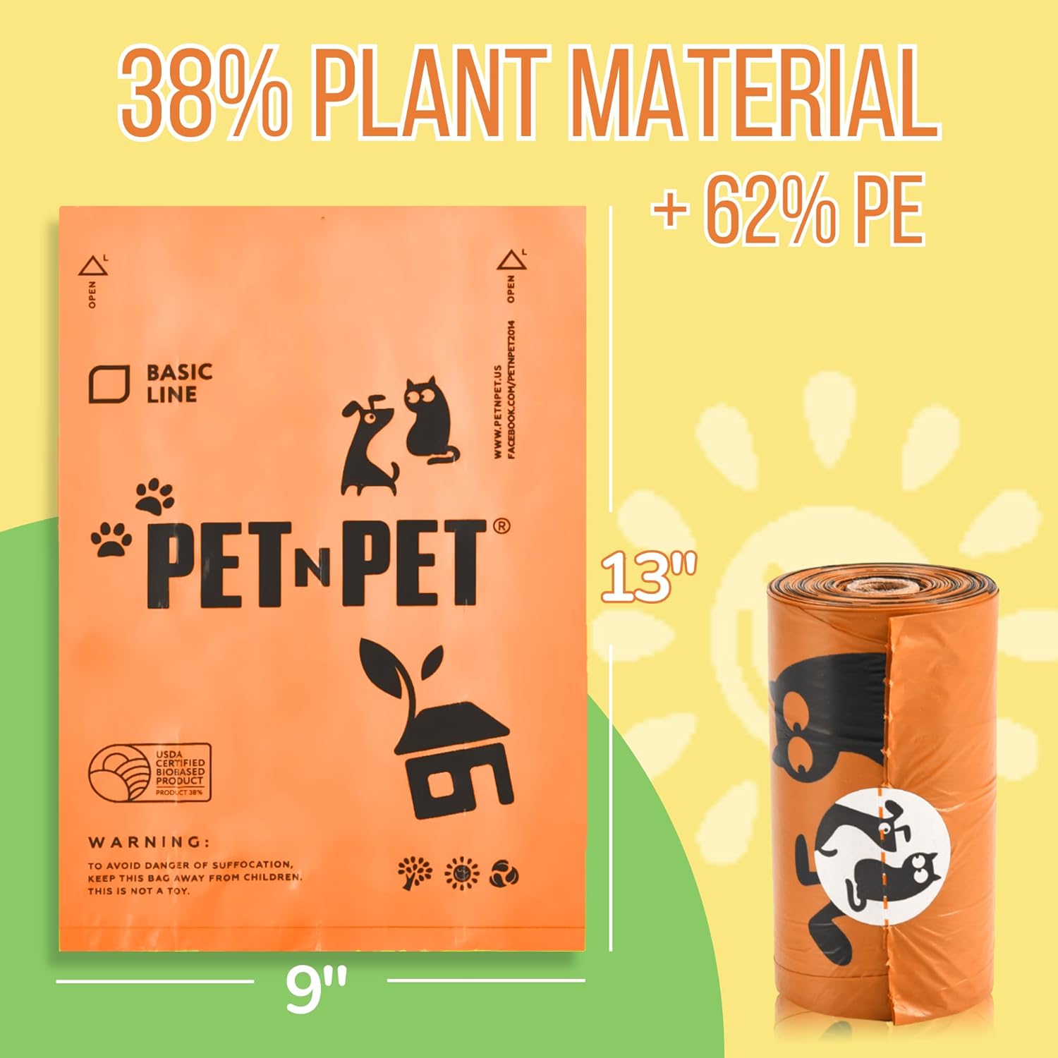 Pet N Pet 1080 Counts Orange Poop Bags for Dogs, 38% Plant Based & 62% PE + 100% Plant Based Dog Wipes for Paws and Butt, 400 Counts Dog Pet Wipes, Hypoallergenic Unscented Dog Wipes