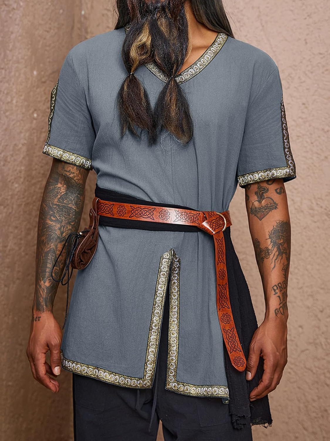 Runcati Mens Medieval Pirate Tunic Renaissance Viking Knight Costume Linen Short Sleeve LARP Halloween Tops - Image 3