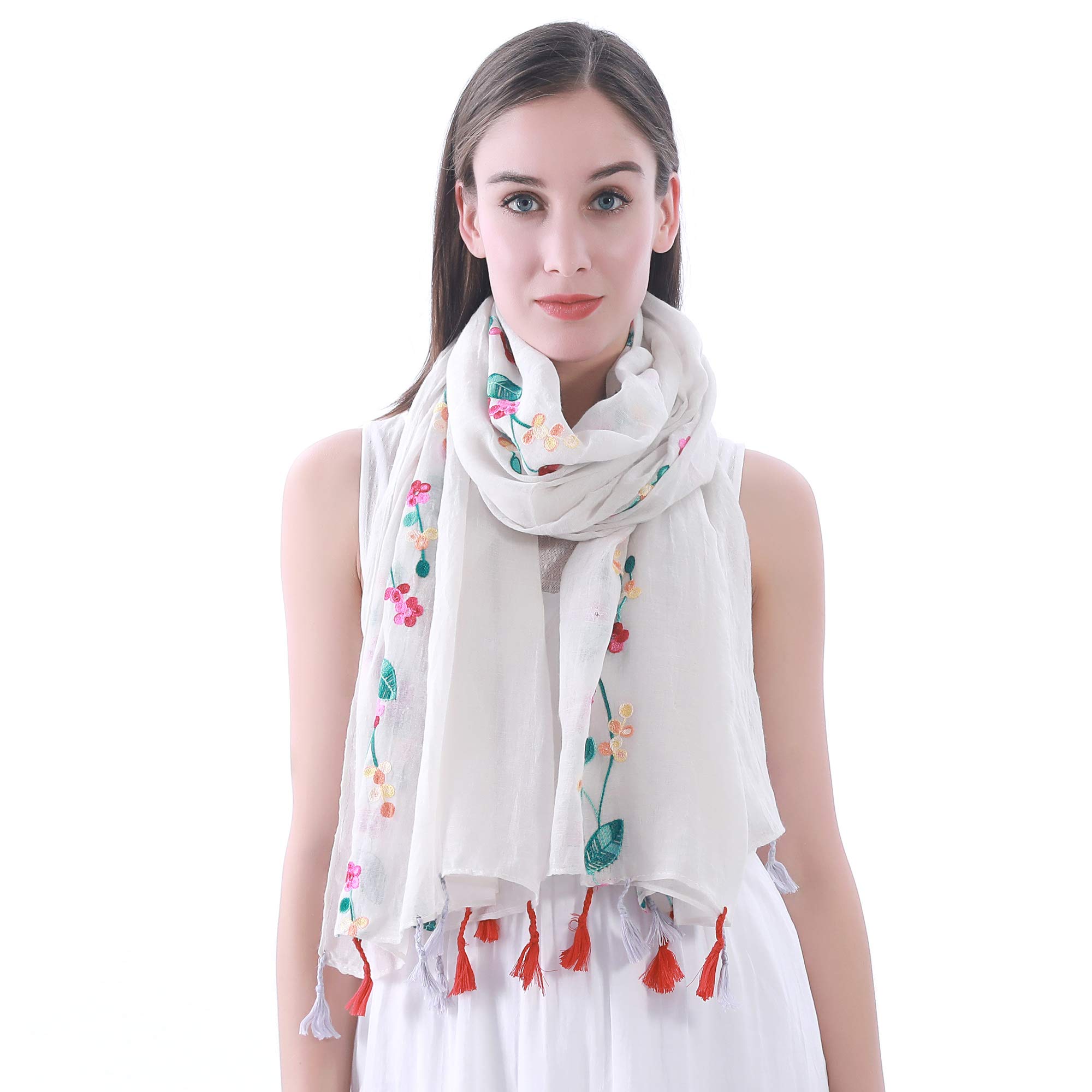 Lina & Lily Embroidered Floral Tassel Scarf Shawl Lightweight (White)(Size: 180cm x 90cm)