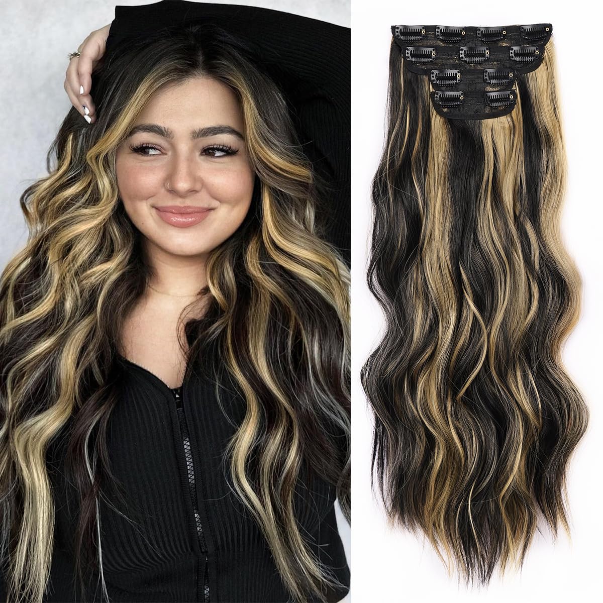 JIAMEISI Clip in Hair Extensions 4PCS Full Head Long Wavy Hair Extensions Synthetic Fiber 22 Inch 200g Clip in Thick Hairpieces for Women/Girls (#1B/27 Natural Black Mixed Honey Blonde)