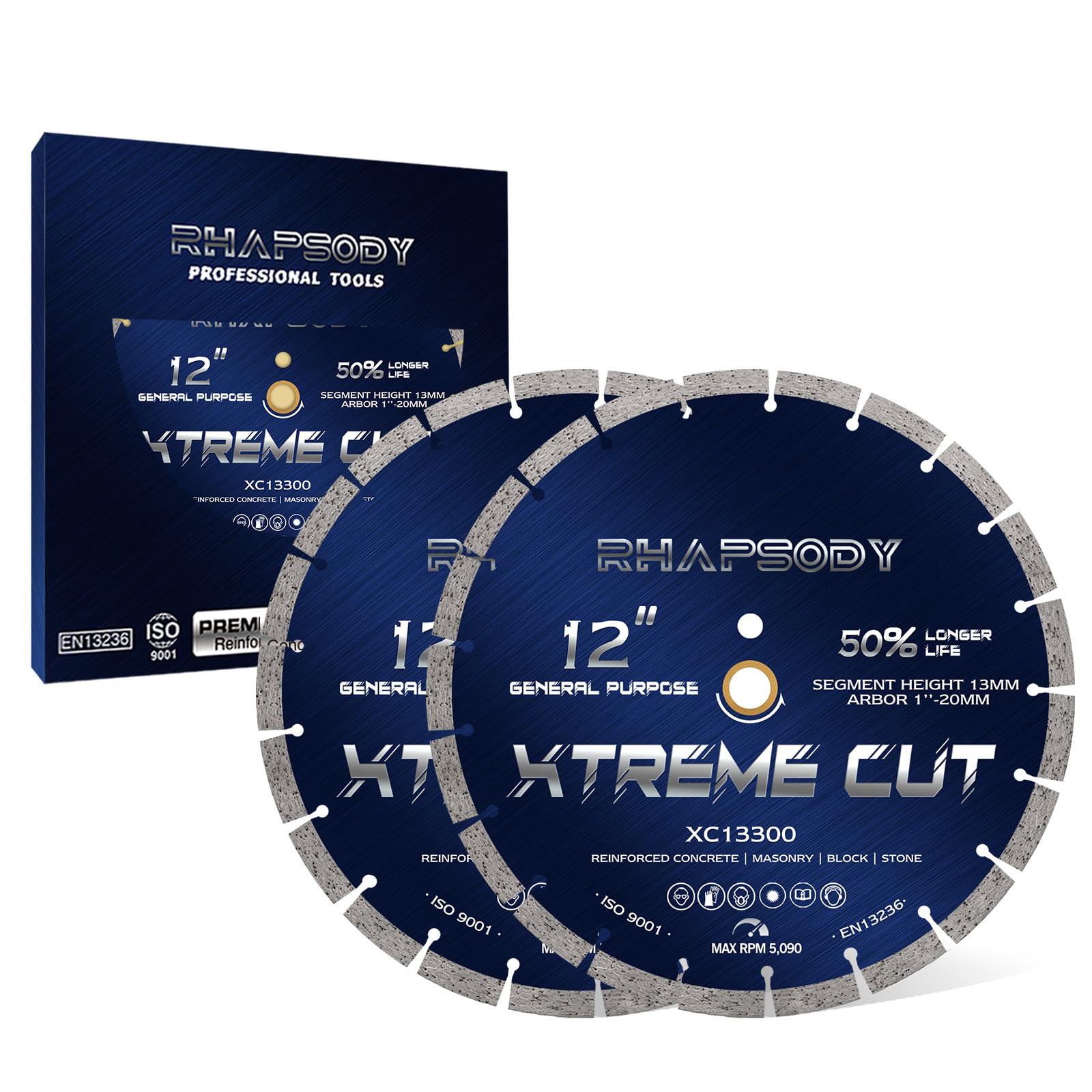 RHAPSODY 12 Inch Diamond Saw Blade 2Pcs, Segmented General Purpose Blade Dry/Wet Cutting Concrete, Reinforced Concrete, Masonry, Brick, Block,1"-20mm