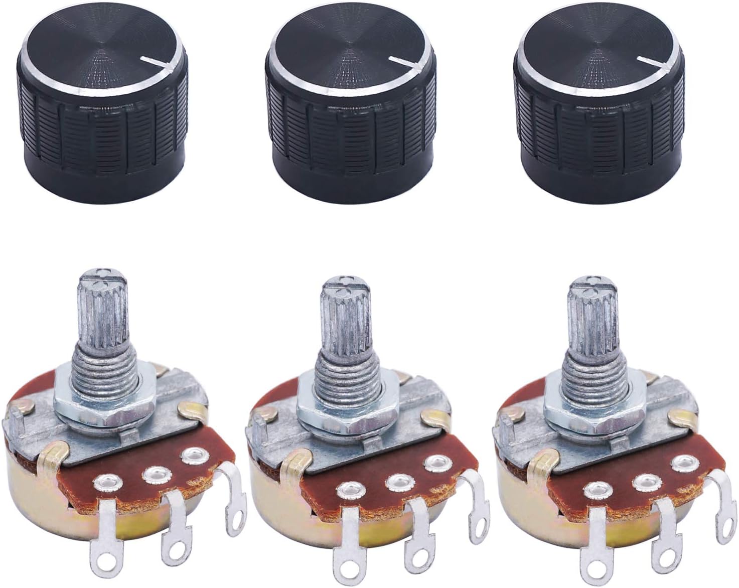 / 3pcs wh138 500 ohm Potentiometer Single Turn Rotary Linear Variable Potentiometer +3pcs black Aluminum alloy knob