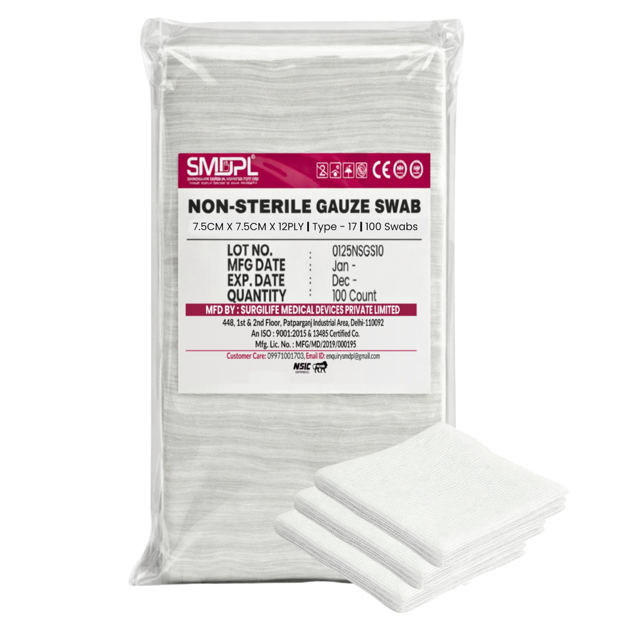 SMDPL Non Sterile Gauze Swabs 7.5cm x 7.5cm 12 Ply | Soft & Absorbent Medical Gauze Pads for Wound Dressing, First Aid, Surgical & Clinic Use (Pkt of 100 Gauze)
