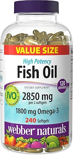 Webber Naturals Aceite de pescado de 2850 mg, alta potencia, 1800 mg de omega-3 por porción, 240 cápsulas blandas entéricas transparentes, sin
