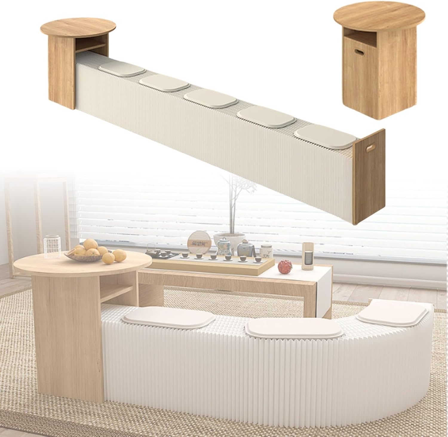 Folding Stool with PU Cushion and Side Table - Versatile Paper Stool for Coffee Table, Shoe Change Stools, and Benches