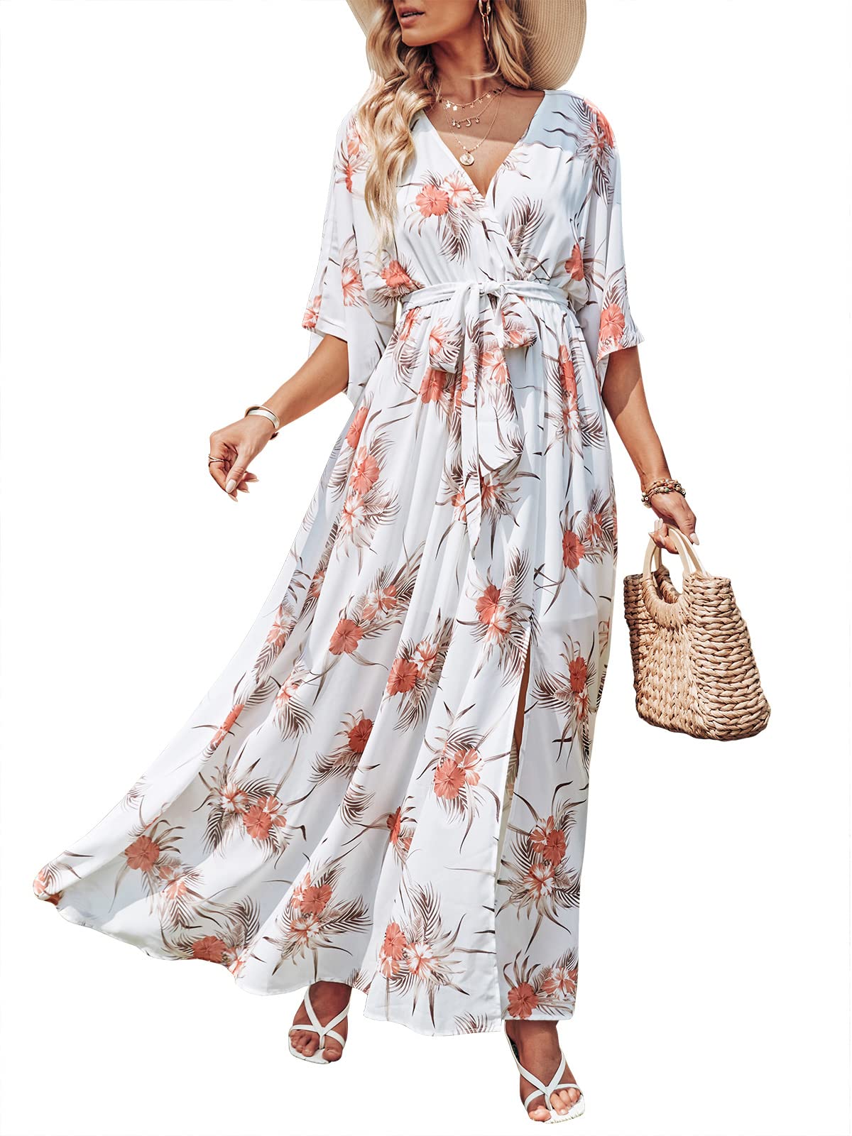 ANRABESSWomen’s Summer Loose Boho Flowy Wrap V Neck 3/4 Sleeve Floral Print Slit Beach Wedding Guest Long Maxi Dresses 2024