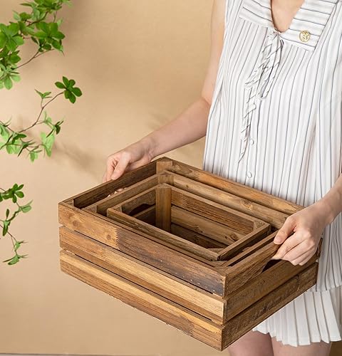 Miniatura 7 de Juego de 3 cajas de madera anidadas, cajas de almacenamiento de madera rústica con asas recortadas, cestas decorativas de madera de granja para