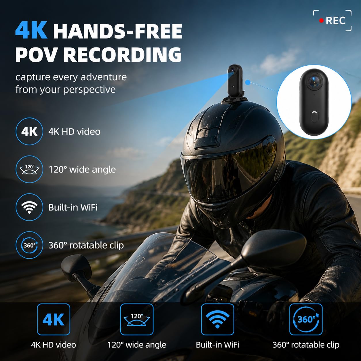 Mini Camera Sport 4K Camera Piéton Portable POV 120° Wide-Angle Caméra Sport avec Clip Arrière 360° Format Audio et Vidéo Enregistrement POV Mains Libres Action Cam pétanche 30m Our Casque Cyclisme