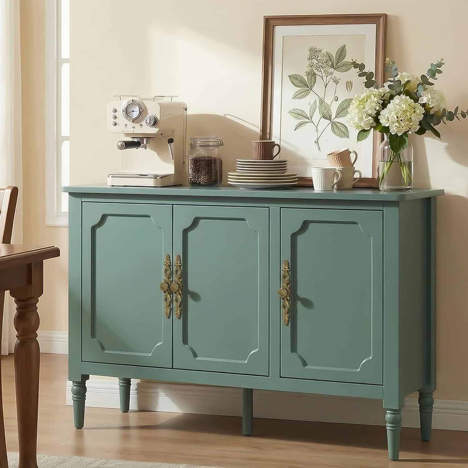 RoyalCraft Buffet Cabinet with 3 Doors, Mid-Century Modern Sideboard with Adjustable Shelves, Wood Painted Coffee Bar Table with Storage, for Kitchen, Living Room, Dining Room, Green