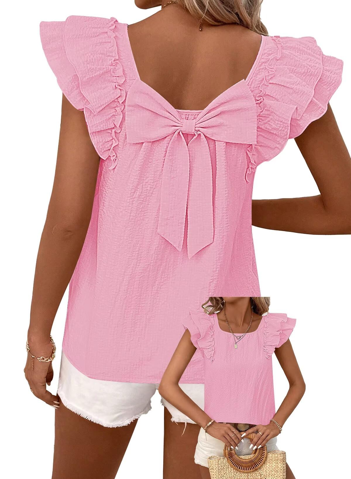 TUUHAW Top Damen Sommer Süße Oberteile Rundhals T-Shirt Kurzarm Bluse mit Rüschen Tunika Lässige Outfits Chiffon Puffärmel Rücken-Schleife Kleidung