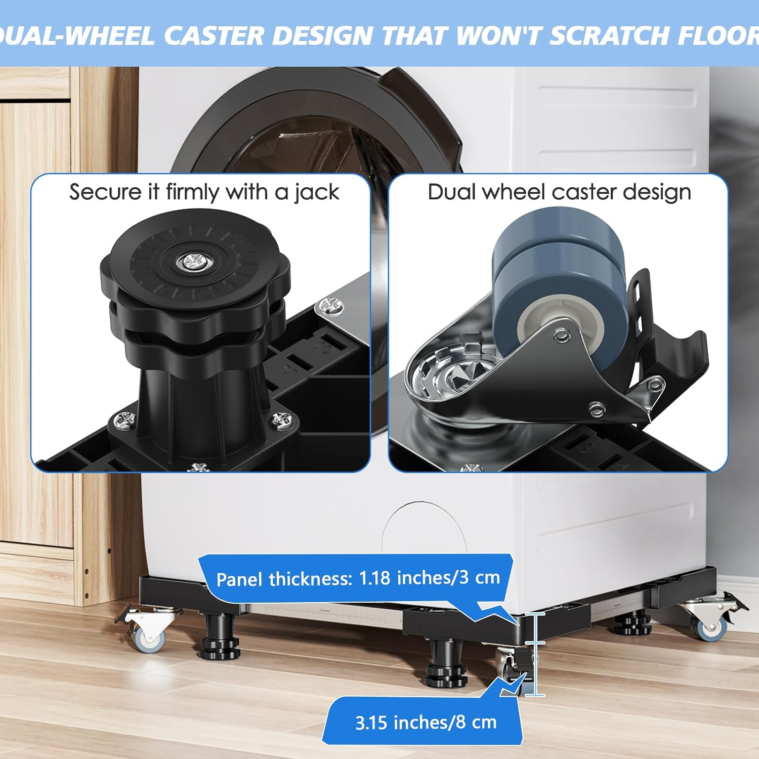 Mini Fridge Stand with 4 Locking Twin Wheels Washing Machine Stand Base 4 Strong Feet Adjustable Universal Mobile Roller Base for Furniture Portable Refrigerator Dryer Stand 45-65 cm(Black, 440LB)