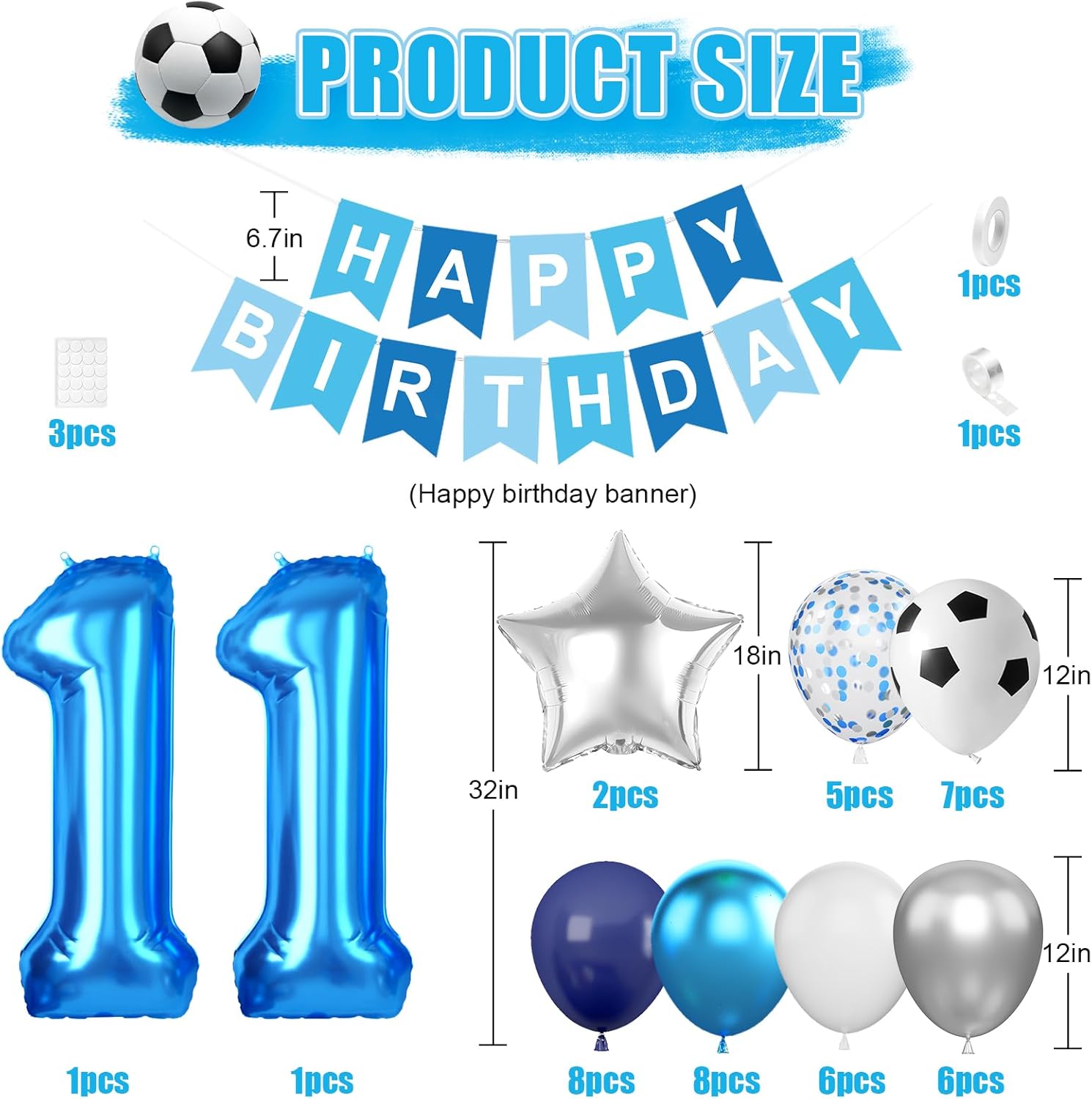 Soccer Birthday Party Decorations, 11th Party Decorations Supplies for Boys, 11th Soccer Birthday Decoration Set with HAPPY BIRTHDAY Banner 32in Blue Foil Mylar 11 Balloon - Image 2