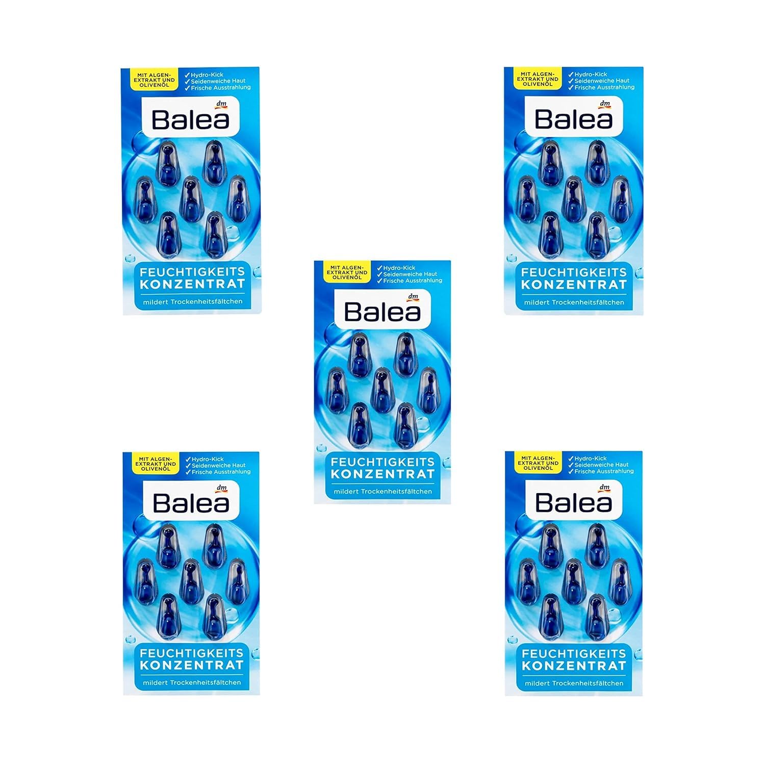 Balea 5 packs x 7 pcs I 35 applications I Moisturizing Concentrate - Hydrating Oil Facial Capsules with Seaweed Extract, Vitamin E and Olive Oil, Germany