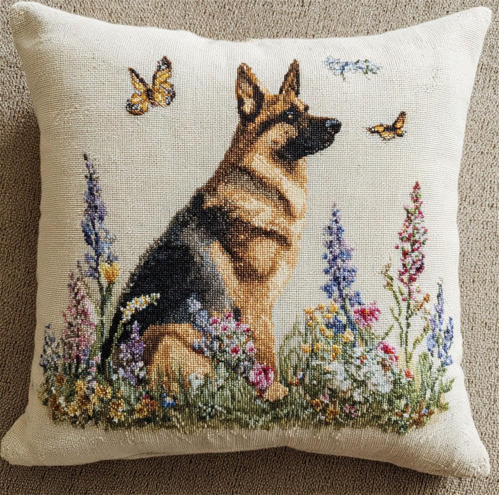 Hdfvlfdsa Cross Stitch Cushion Kit Small German Shepherd and Butterfly 17.7X17.7In(45X45Cm) Cushion with Zipper - Stamped Cross Stitch Embroidery Pillow Kit DIY Needlework Pillowcase Gifts Decorative