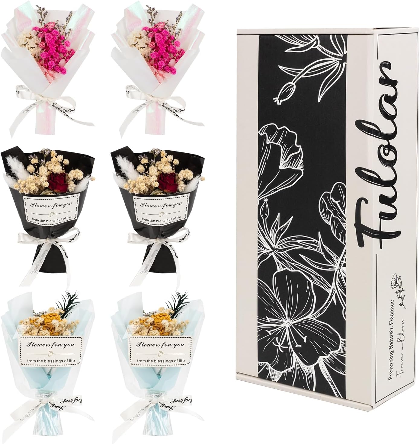 Fulolar 6 Pack Mini Flower Bouquet, Real Dried Preserved