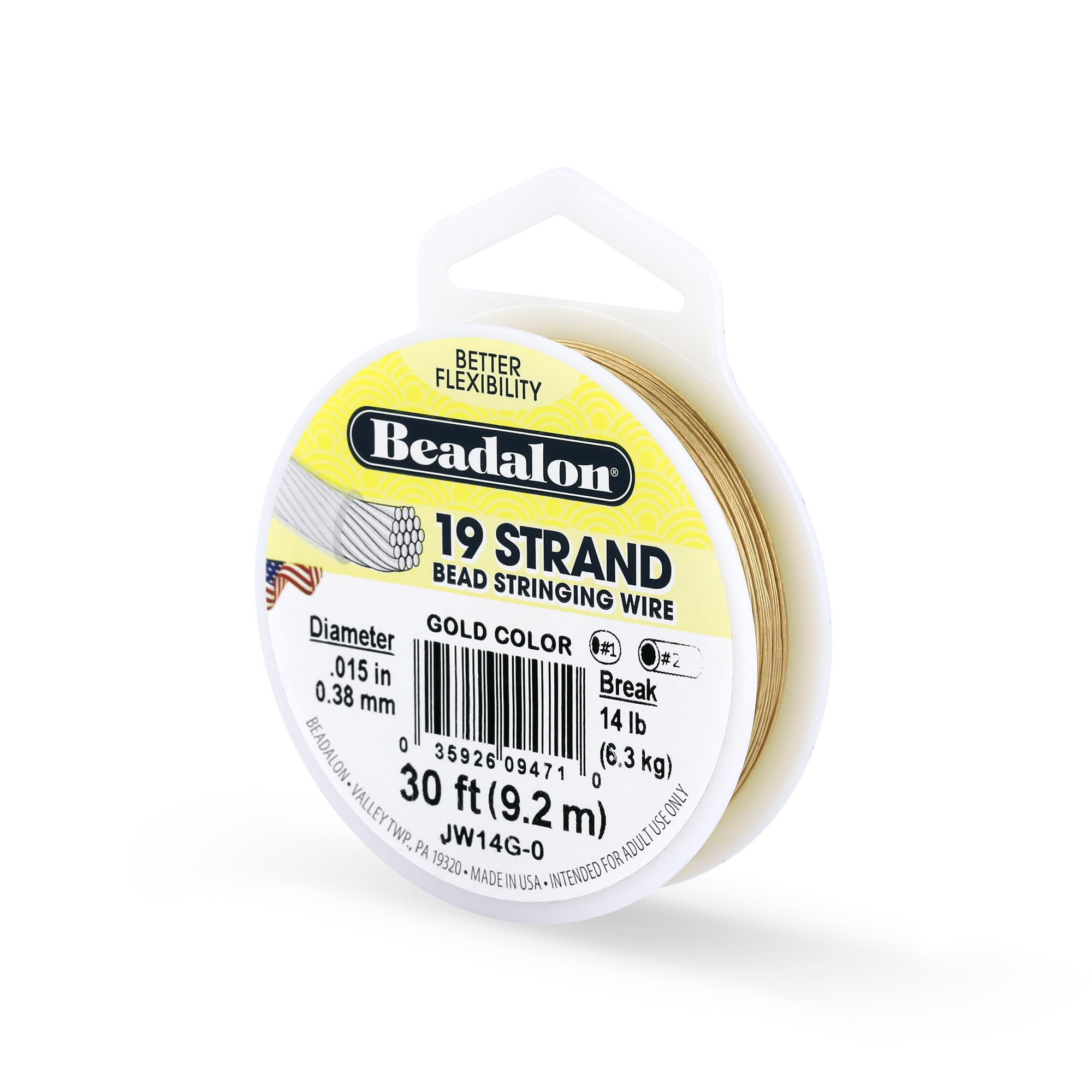 Beadalon 0.38 mm Diameter 9.2 m Reel 19 Strand Wire, Gold