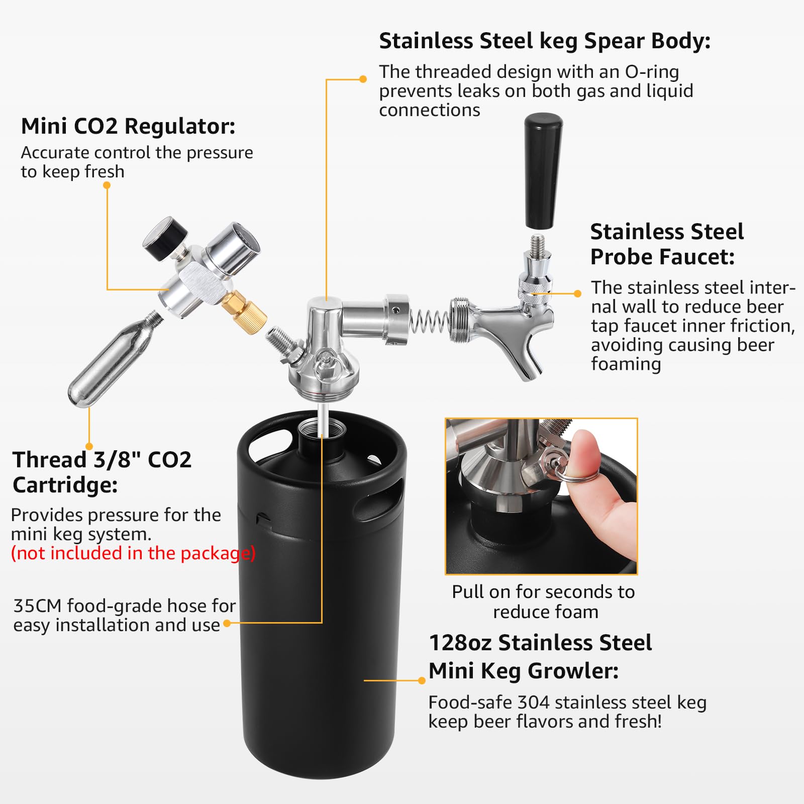 Mini-Fass-Growler, Edelstahl, tragbares Bierfass-Wasserhahn-System | CO2-Druck-Growler mit Kohlensäure, 55 PSI zum Frischhalten, Bierzapf-System für selbstgebrautes Camping, Grillen (schwarz)