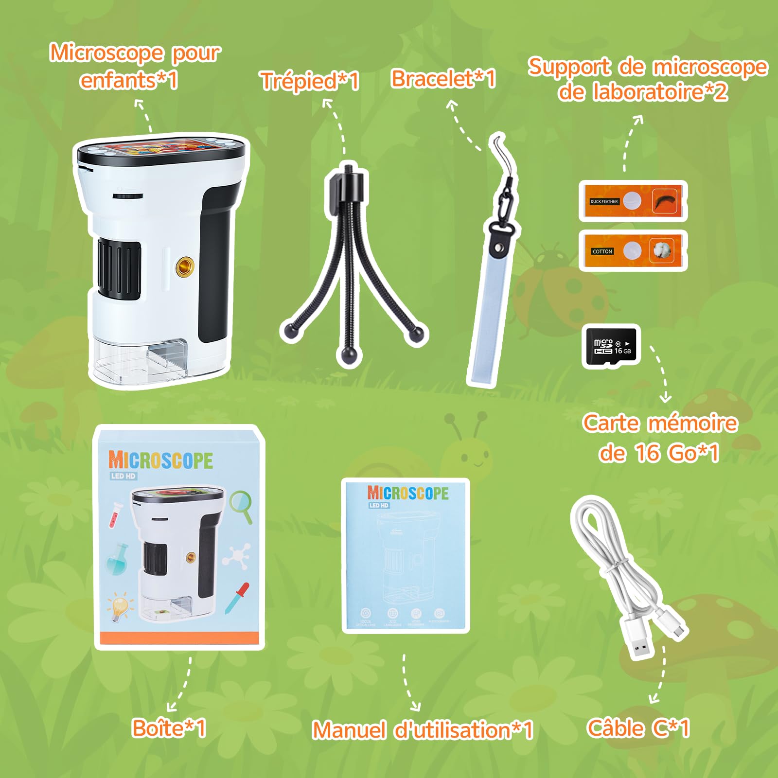 Microscope Enfant Numérique 1000x avec Écran IPS 2,0″ Carte 16 Go LED Recharge USB Portable Kit Cadeau 6 Ans