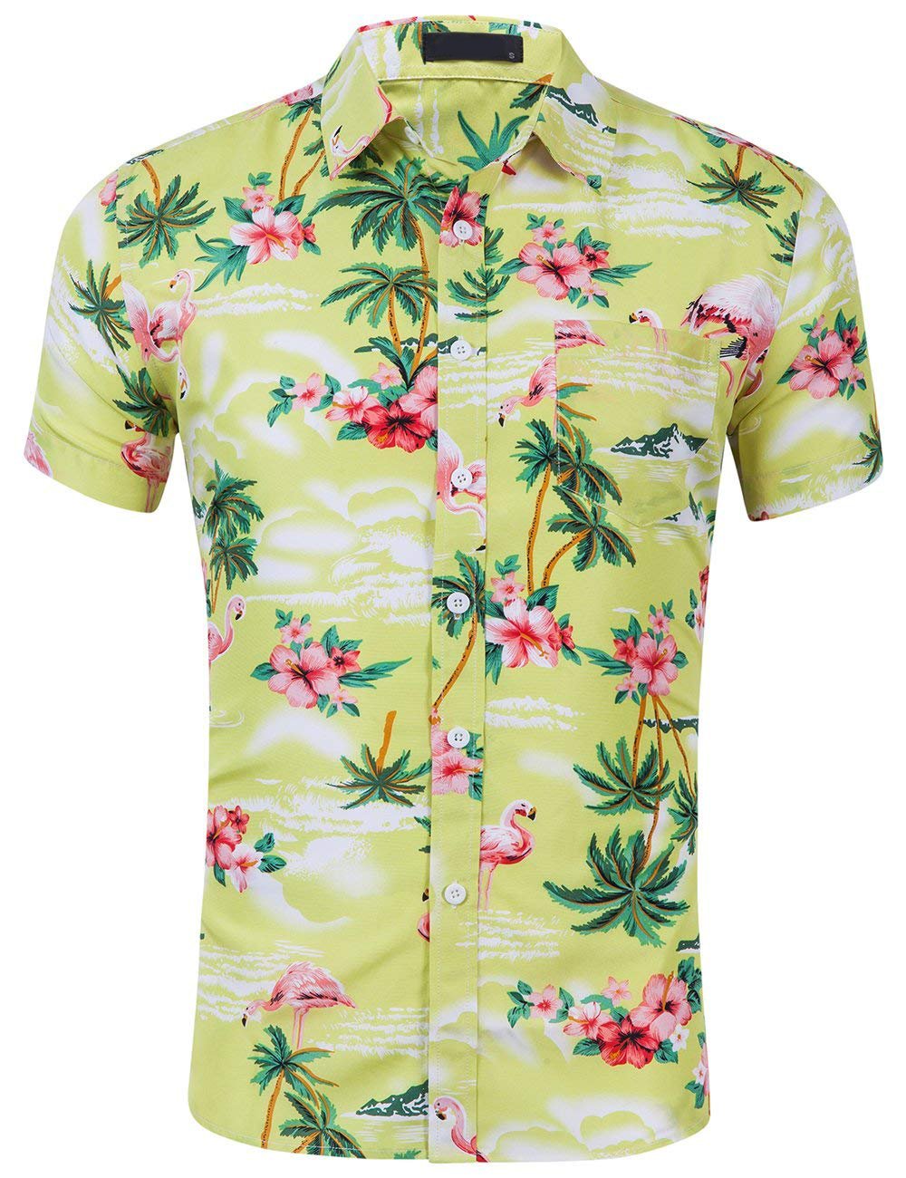 CATERTO Men's Flowers Flamingos Casual Aloha Hawaiian Shirt
