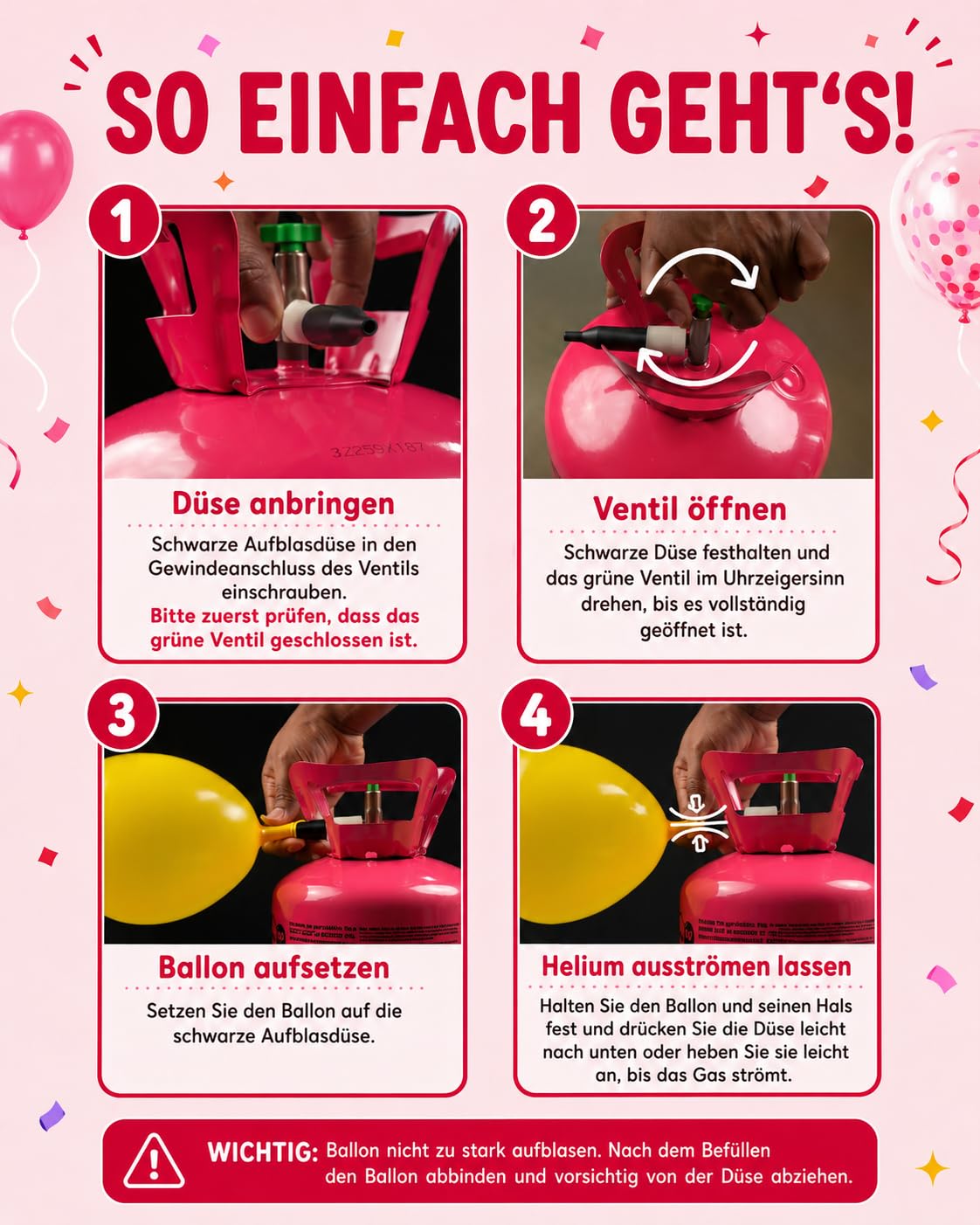 GreatWhip Ballongas für 90 Luftballons Helium Gasflasche 600 Liter (0,6m³) XXXL Einweg mit Füllventil, inkl. Kinderluftballons und Bänder, Hochzeit, Geburtstag, Firmenevent, Party | Einwegflasche mit Füllventil, inkl. Luftballons und Bänder; für Hochzeit,