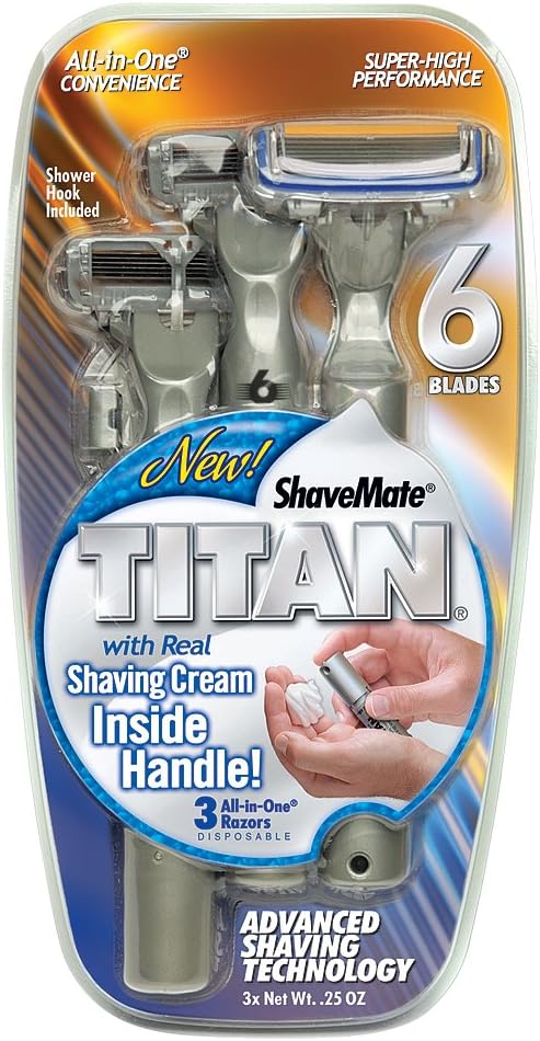 Titan Triple Pack - 6 Blade Razor With Real Shaving Cream Inside The Handle ALL-IN-ONE For Men