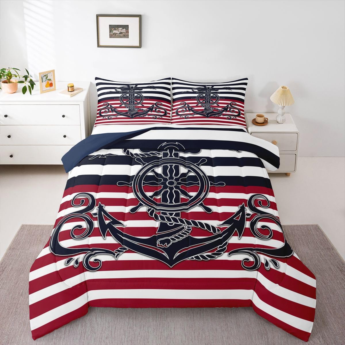 Erosebridal Nautical Bedding Set for Boys, Anchor Comforter Set Compass Seagull Quilted Duvet for Kids Teens Adult Men, Geometric Stripes Down