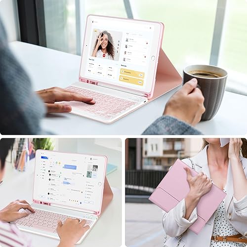 Miniatura 7 de Funda de teclado para iPad 987 generación, 10,2 pulgadas, teclado Bluetooth desmontable, color rosa