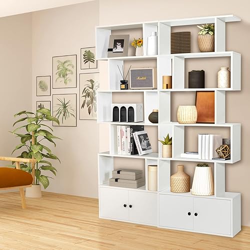 Miniatura 6 de Tangkula Estantería en forma de S con gabinete, estantería de 6 niveles con puertas, estanterías geométricas independientes para sala de estar,