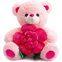 BEJOY Teddy Bear Stuffed Animals Plush Bear Holding Rose Soft Plush Toy Gifts 16 inches Pink