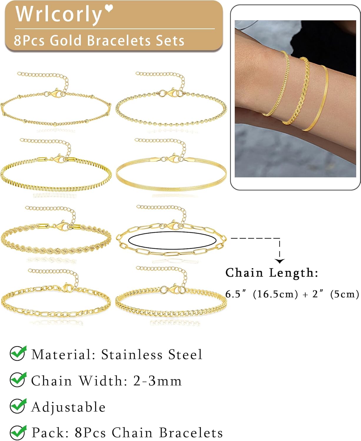 8Pcs Bracelets Stainless Steel Chain Bracelet Satellite Bead Box Herringbone Rope Paperclip Figaro Cuban Link Bracelet for Women Silver Gold Plated 6.5 Inches Adjustable - Image 2