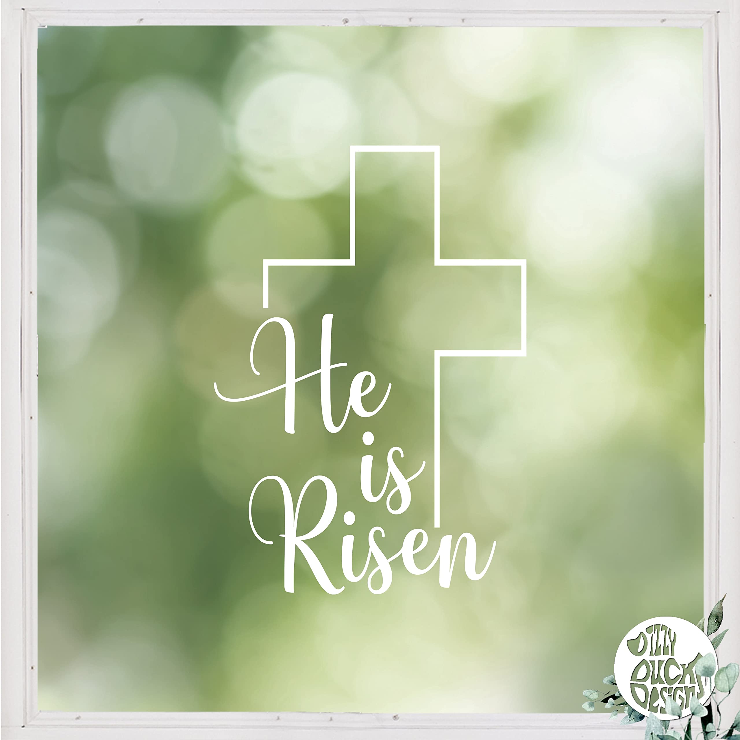 Dizzy Duck Designs Read From Outside Dizzy Duck He Is Risen Easter Window Decal - Reusable Religious Window Cling - Easter Cross Jesus Christ Christian Window Sticker - Small Outside