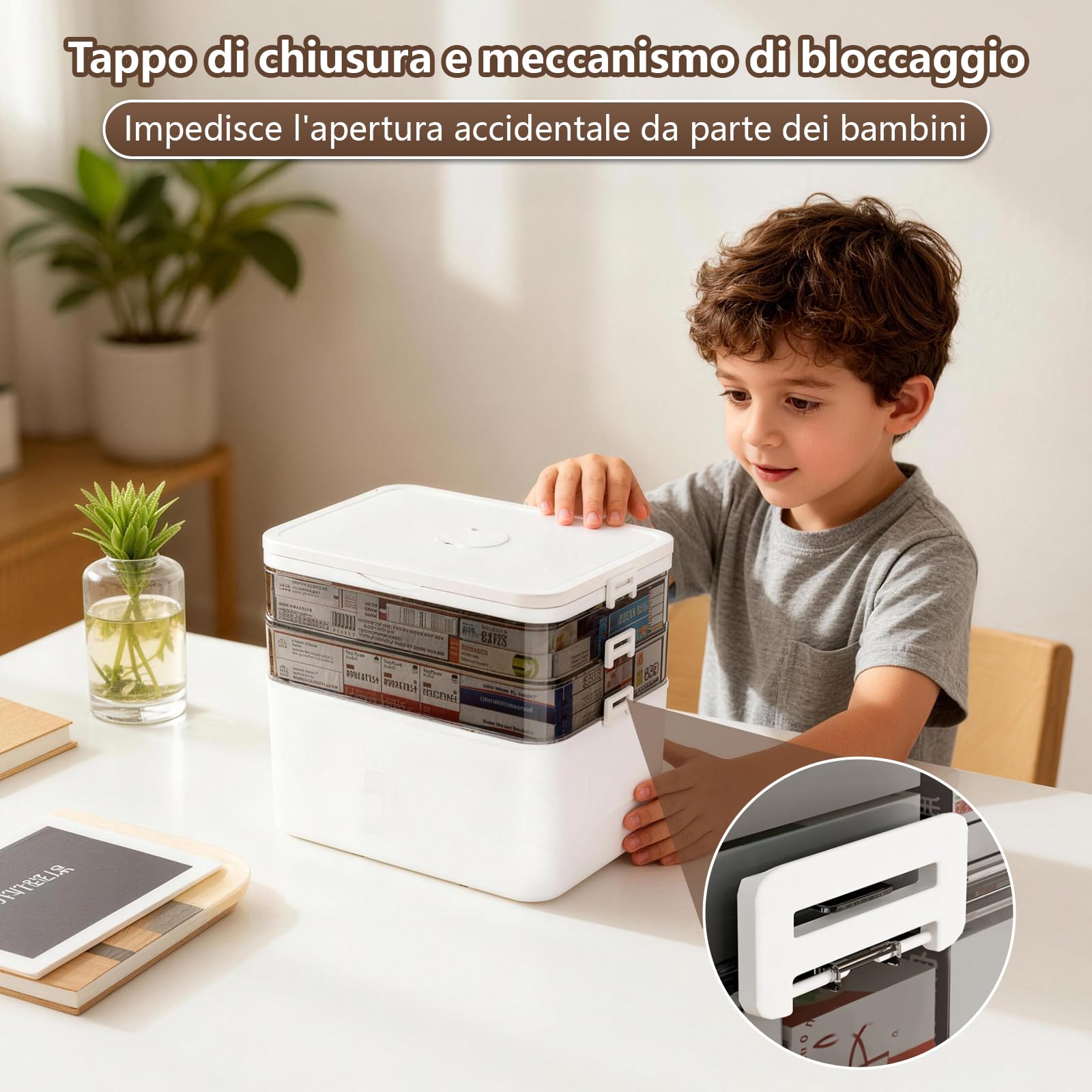 Scatola Portaoggetti per Medicinali a 3 Ripiani, Grande Scatola per Medicinali con Manico e Scomparti Rimovibili, Organizer per Famiglia, Ufficio, Scuola e Viaggi, Bianco