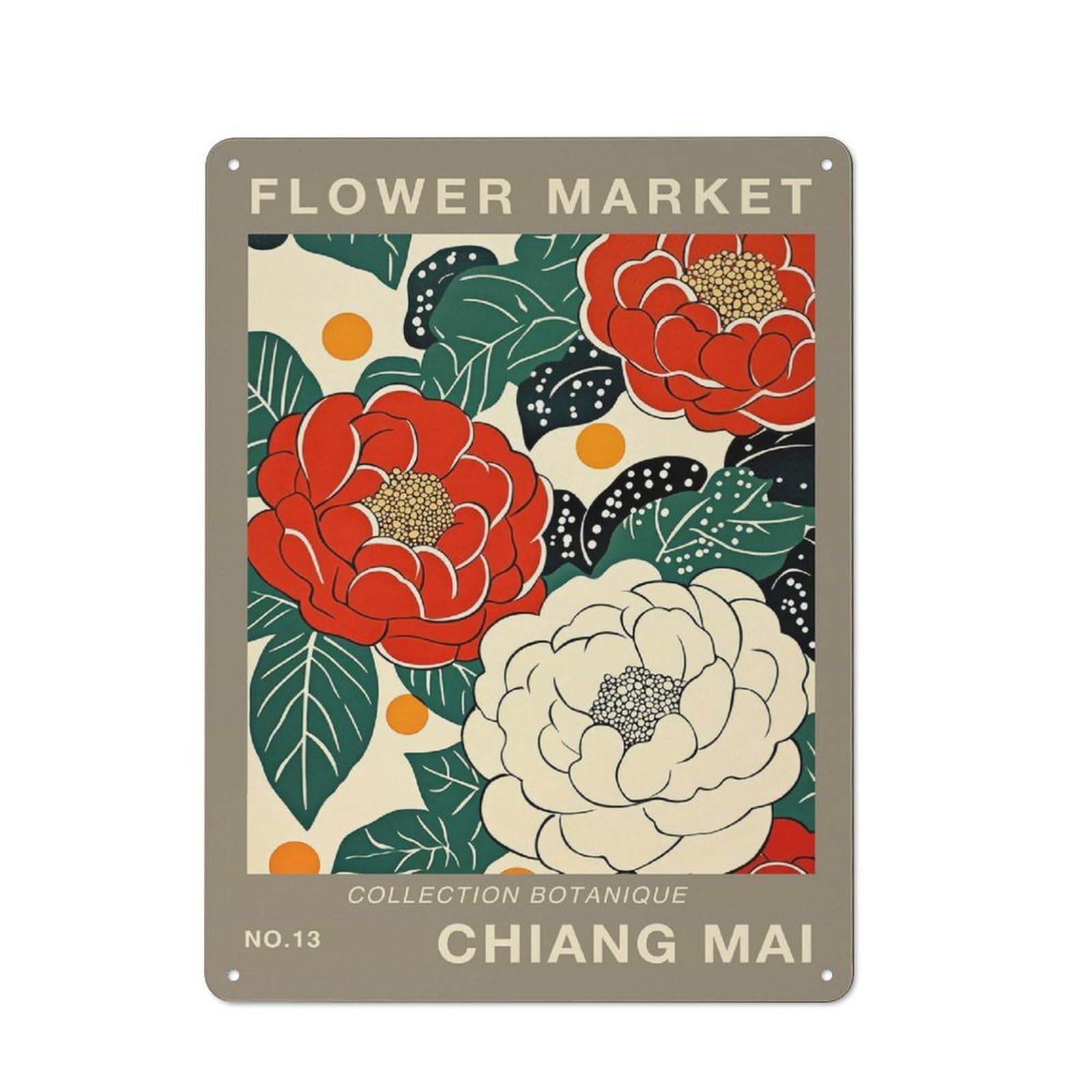 Junmoney Style-6 Rustic Chiang Mai Flower Market Poster Tin Wall Plaque 40X30cm, Rustic Kitchen Decor For Cottage, Kitchen, Hallway Or Breakfast Nook