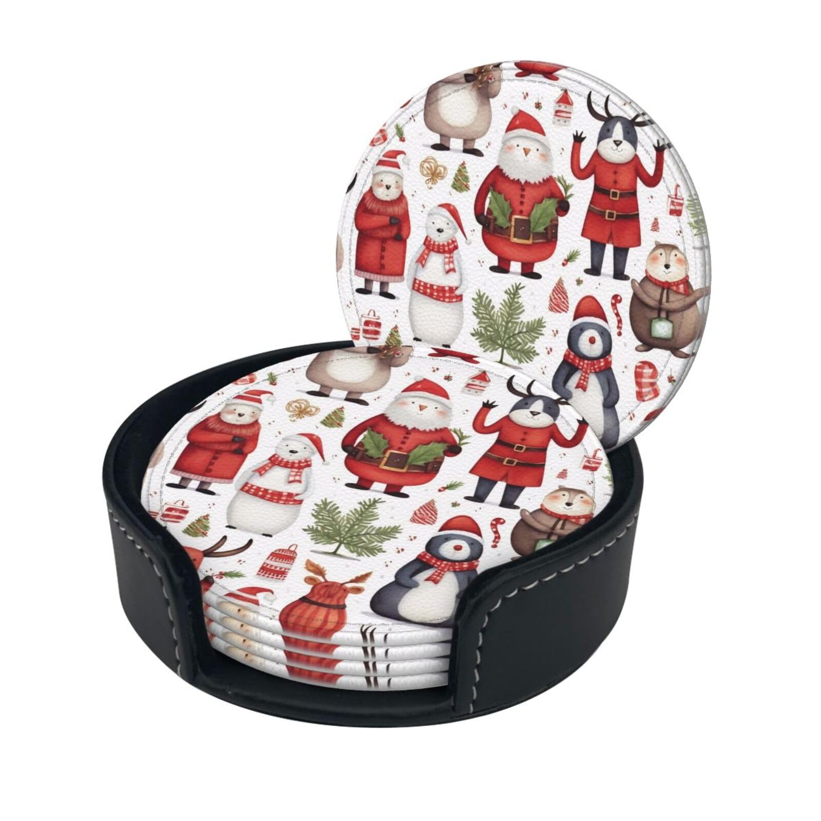 Stylish Coasters - Christmas Santa Claus Set of 6 Round Leather Drink Coasters with Holder - Perfect Size for Cups and Glasses