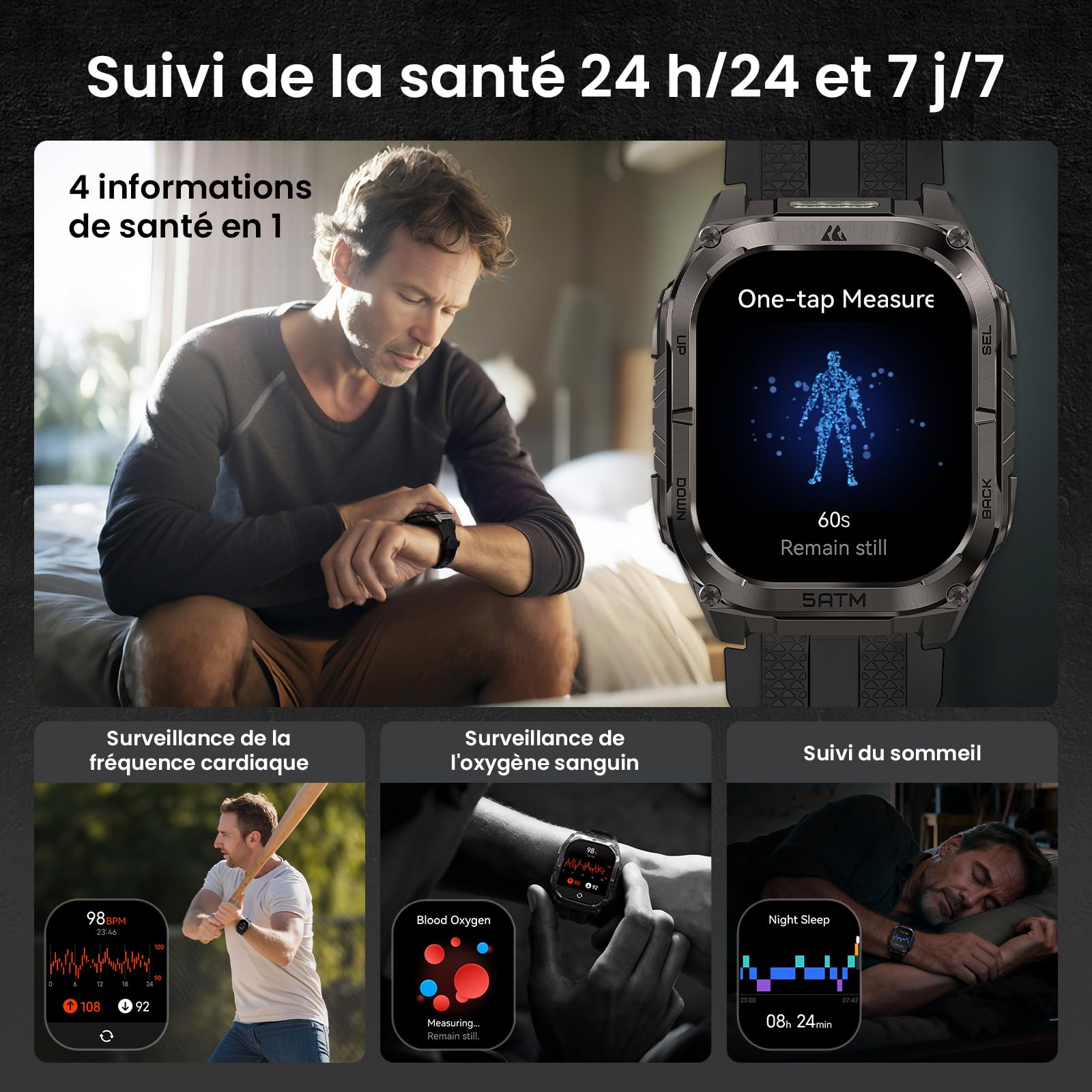 KOSPET Tank M4C Montre Connectée Homme GPS, Lampe Torche LED, 1.96'' AMOLED (Noir) | Étanche 5 ATM, IP69K, Talkie-Walkie, 15 Jours Autonomie, Suivi de Santé et Sommeil, 170+ Mode Sport, Compatible Android & iOS