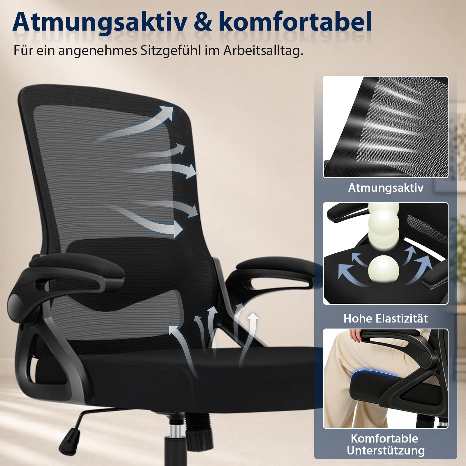 Ergonomischer Bürostuhl, Drehstuhl ohne Kopfstütze, 4D-Lendenstütze, Kappbare Armlehnen, Wippfunktion bis 125°, 90° arretierbar, höhenverstellbarer Schreibtischstuhl, 130 kg, Schwarz