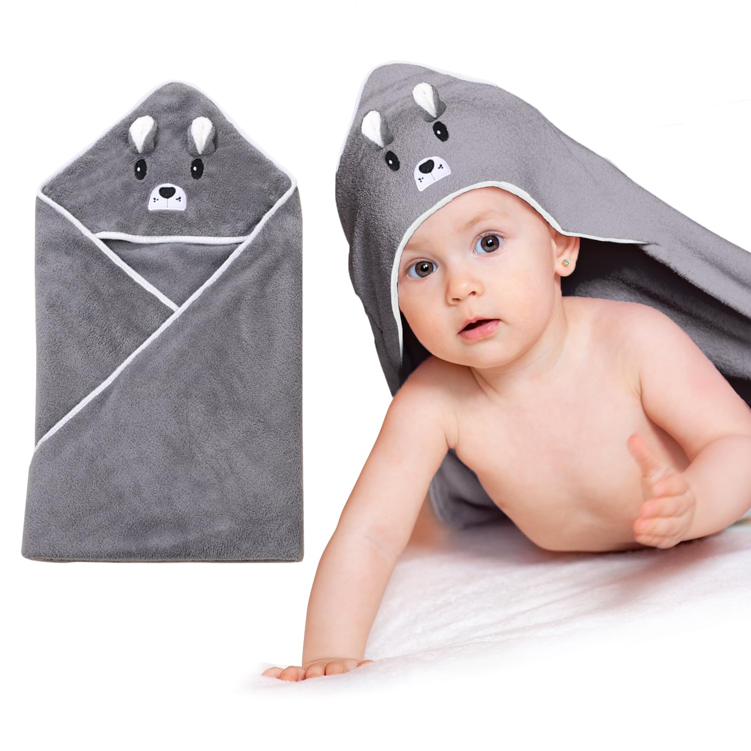 3 Pièces Cape De Bain Bébé à Capuche 80x80cm - Serviette Bébé Douce Et Absorbante - Rose Gris Blanc