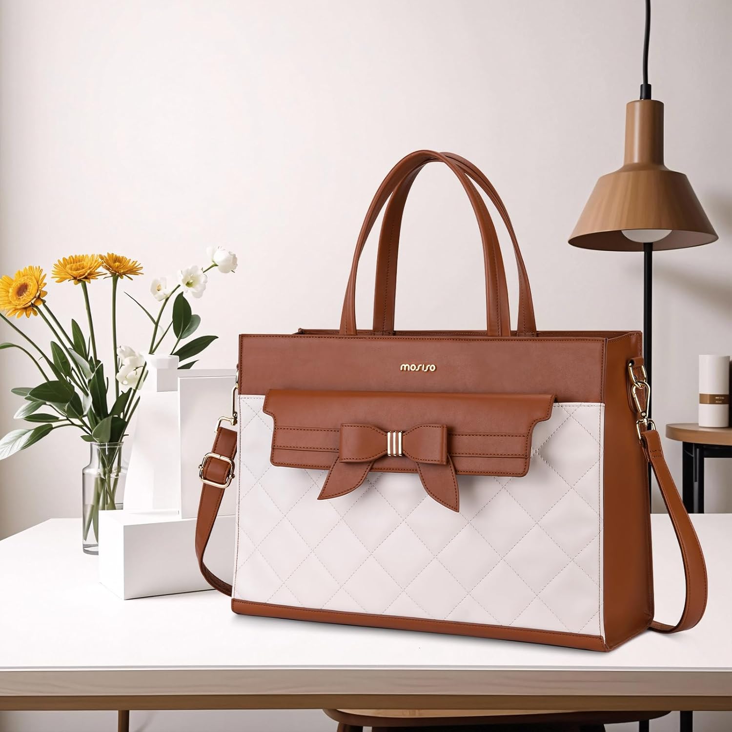 MOSISO Laptop Tote Bag, 15.6 inch PU Leather Flapover Pocket Tote Bag & Clutch Purse, Work Bag with Bowknot for Women, Waterproof Computer Briefcase for Business Office, Brown