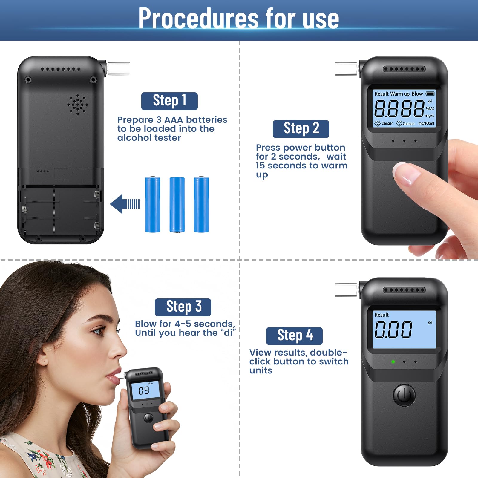 FIVAVA Alcoholimetro Digital Homologado, Alcoholímetro Alcohol Test | Precisión ±0,01% | Portátil LCD Digital | 20 Boquillas Reutilizables | Test Alcoholemia Uso Doméstico/Profesional