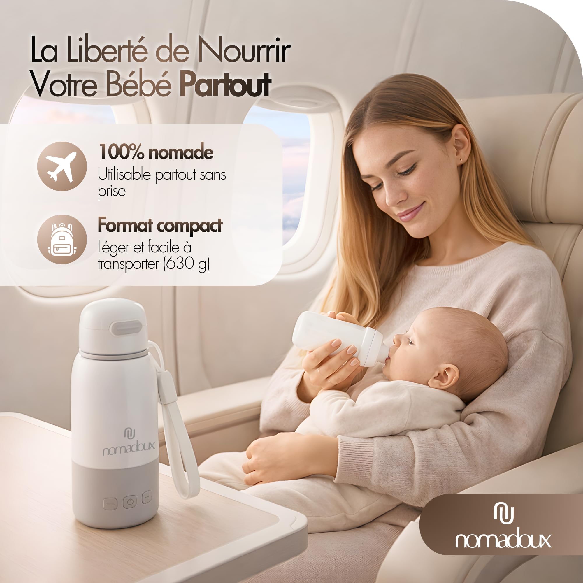 Chauffe-Biberon Nomade 450 ml - Chauffage Rapide 100W | Température réglable 37-55°C | Maintien au chaud 15h | Recharge USB-C | Eau et lait maternel | Chauffe biberon portable de voyage