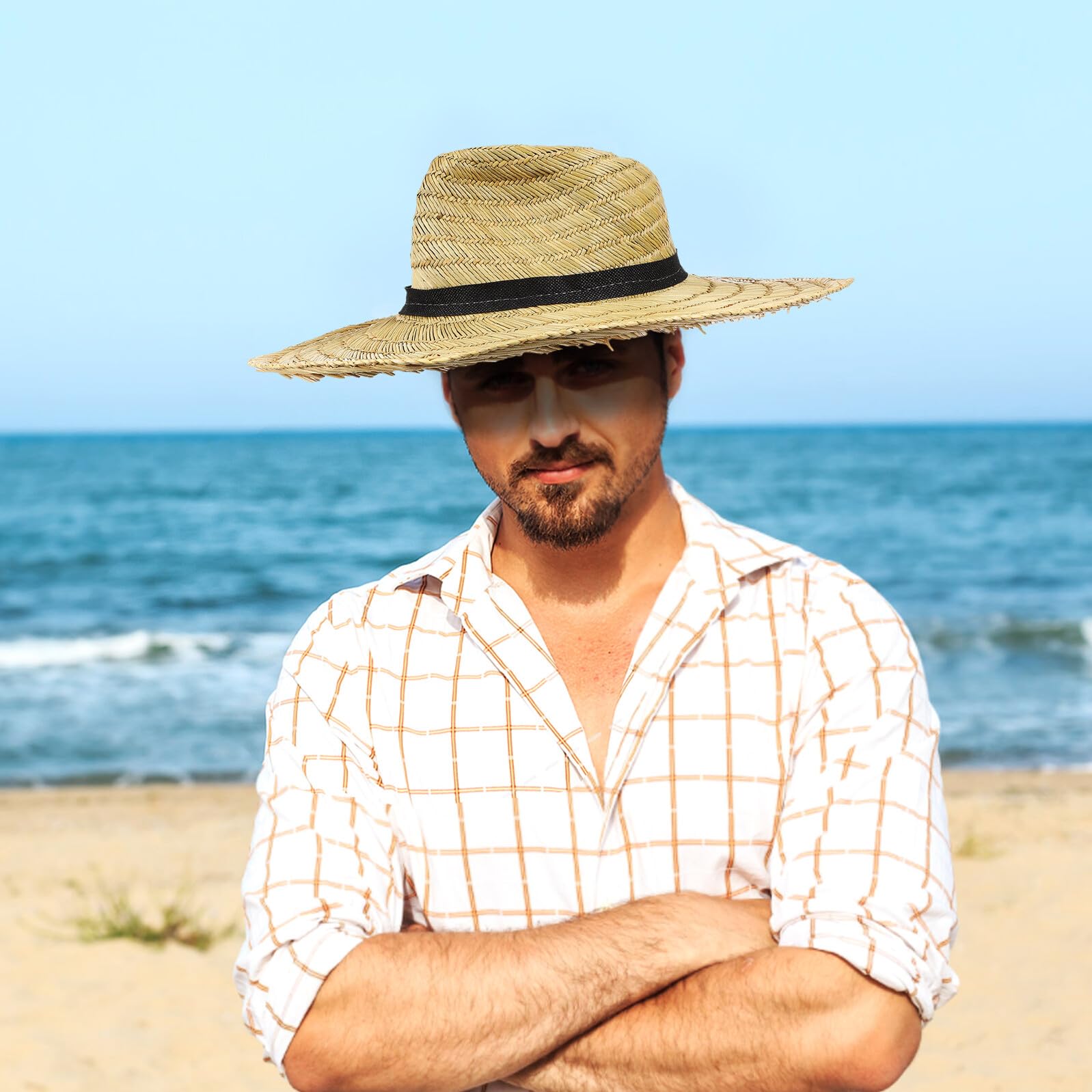 Baluue Sombrero de Sol para Hombre ala Ancha L 58-60 Cm Sombrero de Playa Ligero de Paja Protección UV para Exteriores, Viaje y Vacaciones Verano