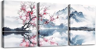Loussiesd Japanischer Stil 3er Poster Set für Wohnzimmer Kirschblüte Wandbilder Set für Schlafzimmer Tinte Malerei Kunst Leinwandbilder Poster & Kunstdrucke