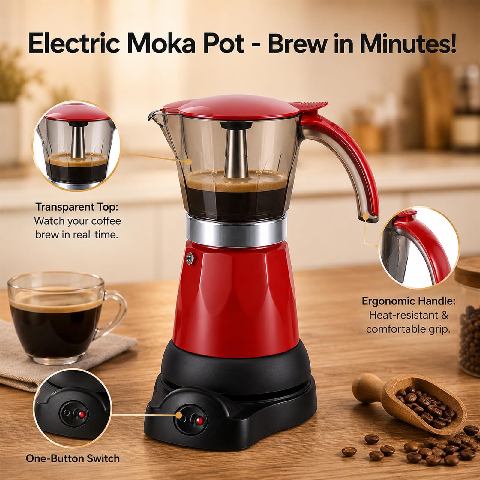 Palmcee Cafetera eléctrica de 6 tazas, 480 W, aluminio, Moka Elettrika