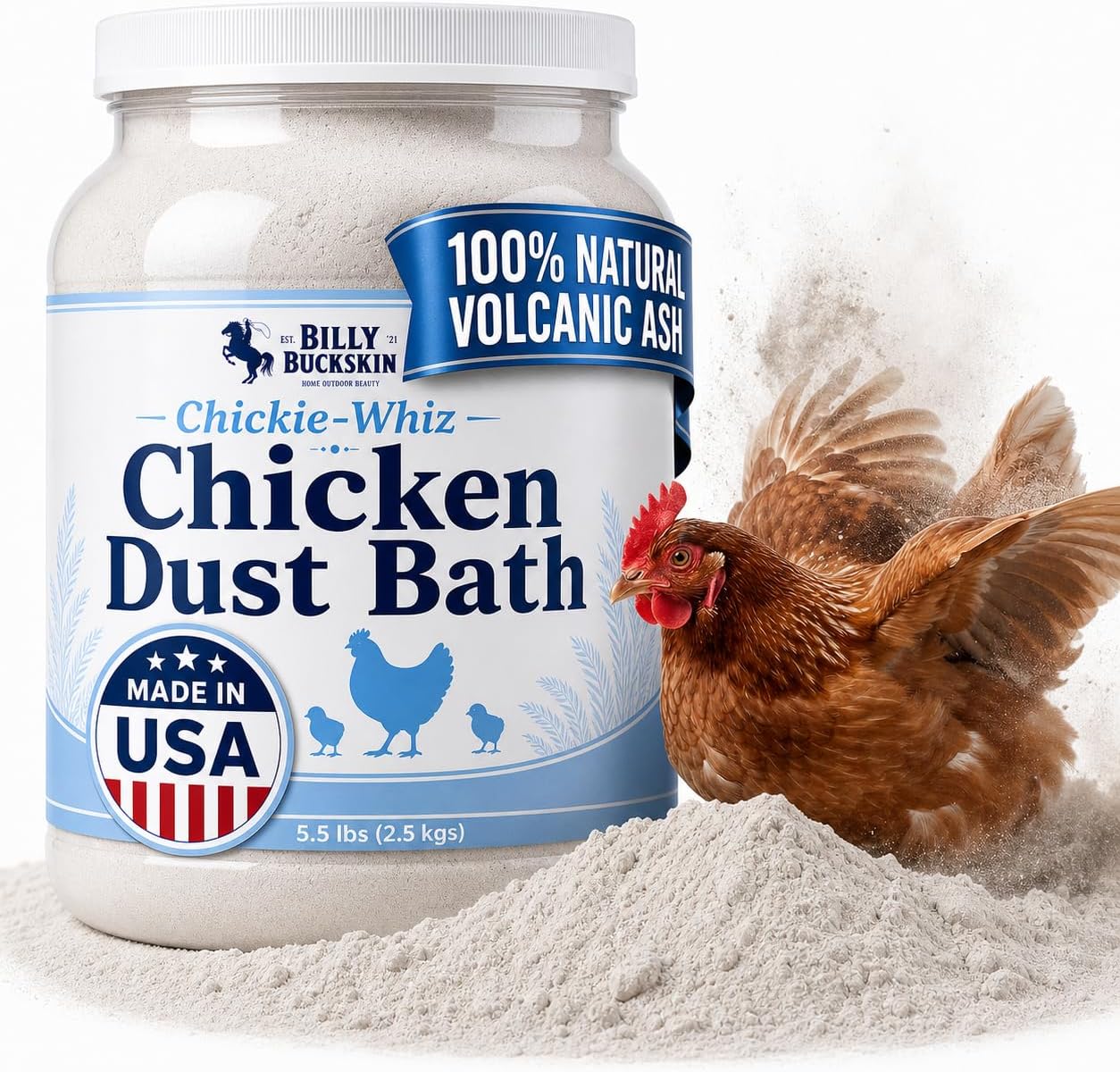 5.5lb Chickie-Whiz Chicken Dust Bath - Made in USA - All Natural Volcanic Ash Dust Bath for Chickens - Healthier Eggs & Feathers - Chicken Coop Accessories for Farms by Billy Buckskin Co.